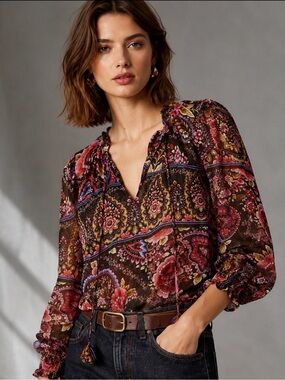 Revolve MISA Los Angeles Siena Floral Tie-Front Ruffle Blouse Top Size S